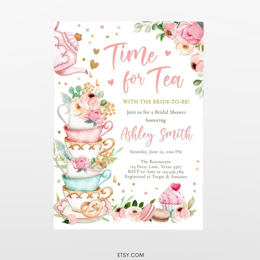 time for tea party bridal shower invitations